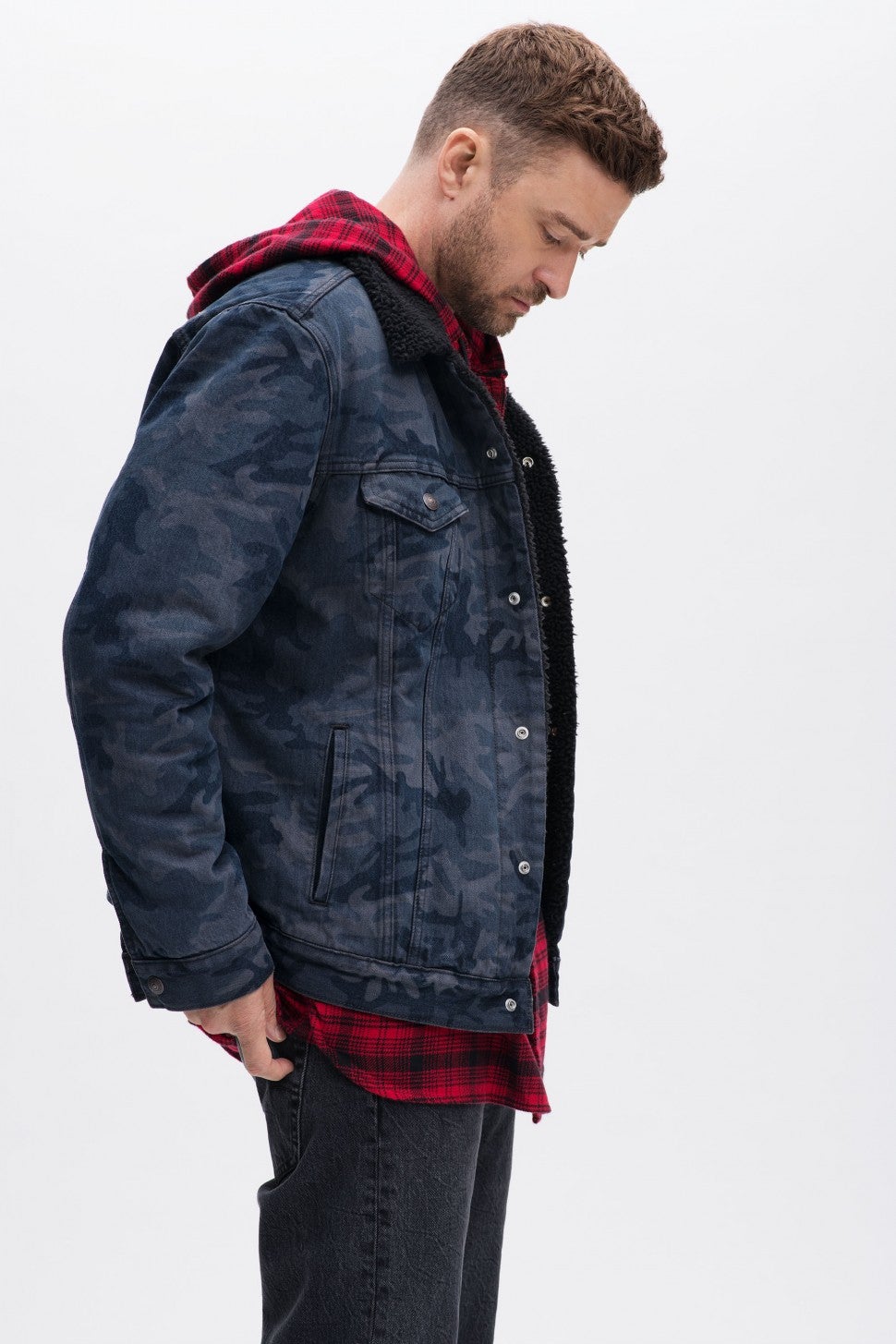 Justin Timberlake denim jacket and red plaid