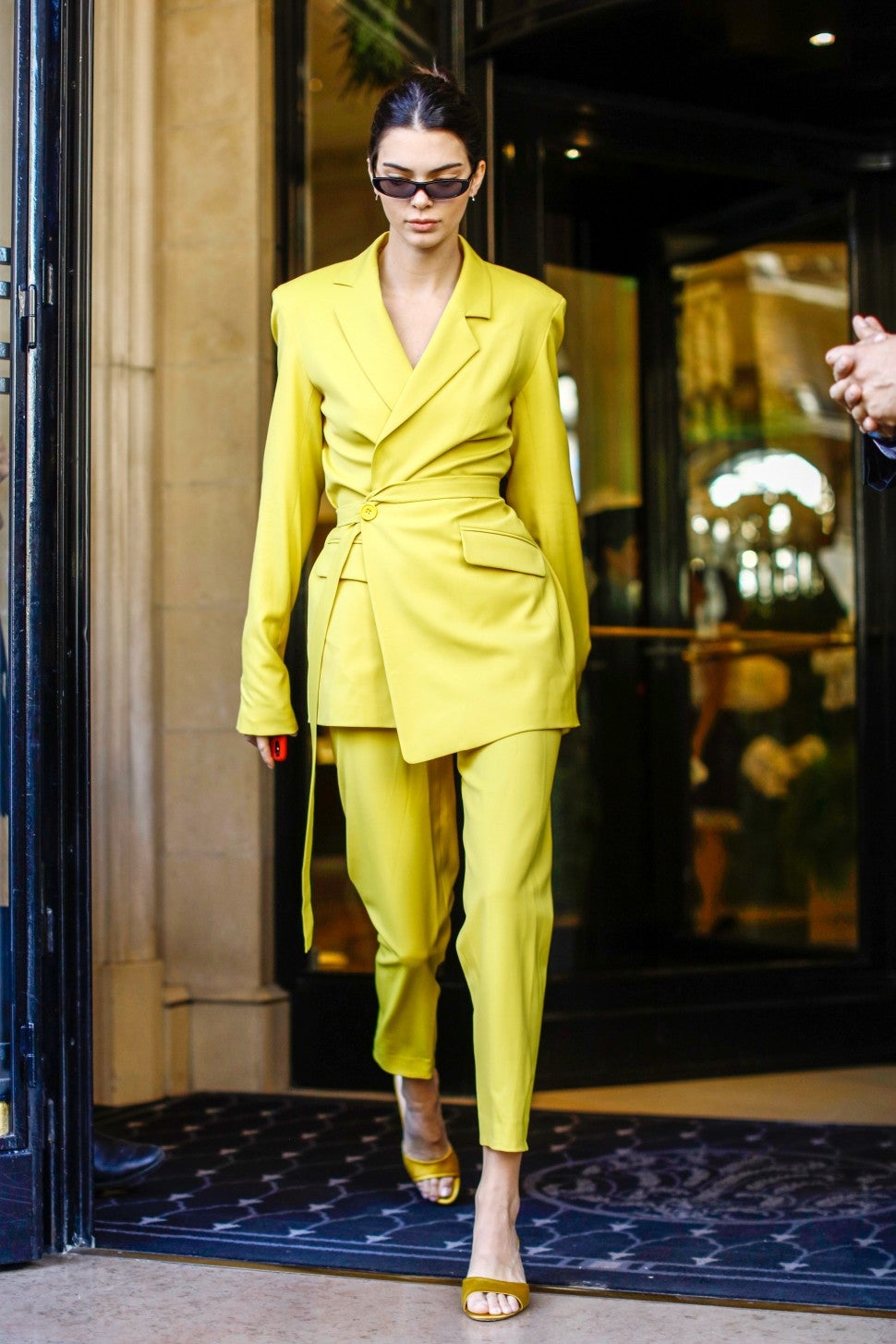 Kendall Jenner in yellow suit in Paris