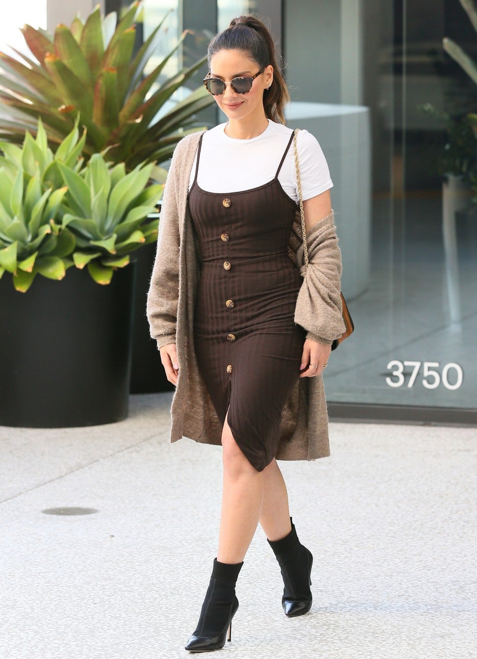 Olivia Munn brown dress, cardigan and boots