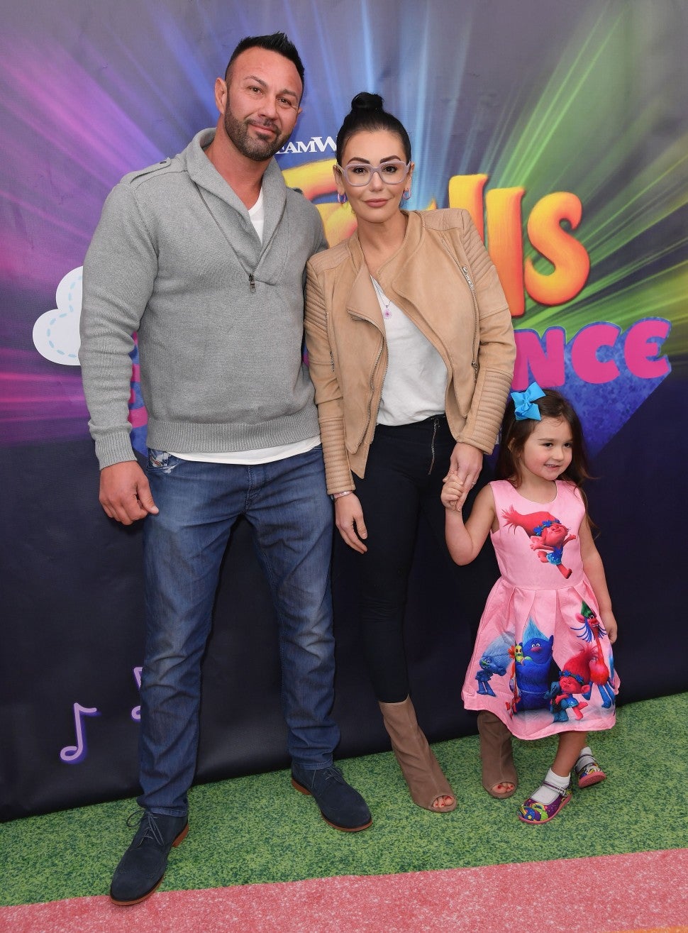 Roger Mathews, Jenni 'JWoww' Farley and daughter Meilani Alexandra Mathews attend the Dreamworks Trolls The Experience opening at Trolls The Experience on November 14, 2018 in New York City.