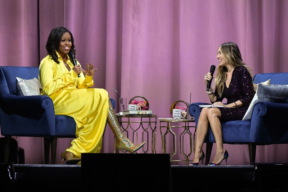 Michelle Obama in glitter boots with Sarah Jessica Parker
