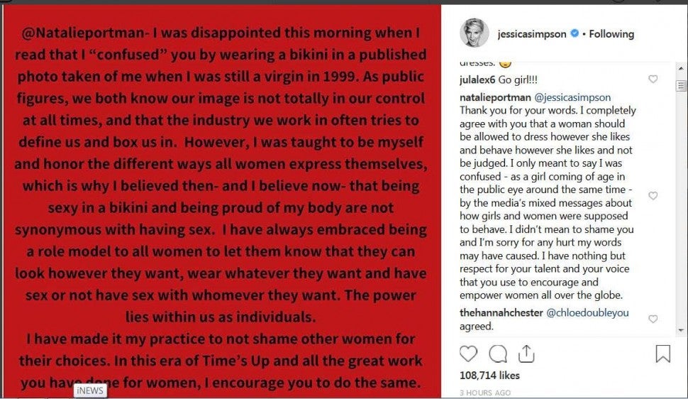 Natalie Portman responds to Jessica Simpson on Instagram. 