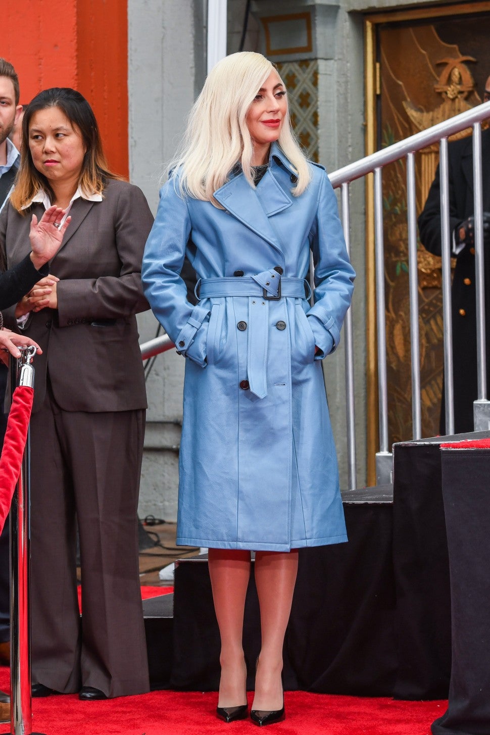 Lady Gaga blue coat at Sam Elliott's hand and footprint ceremony