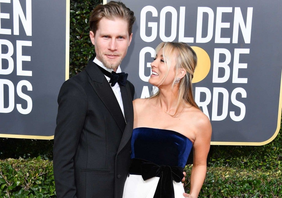 Karl Cook and Kaley Cuoco at the 2019 Golden Globes