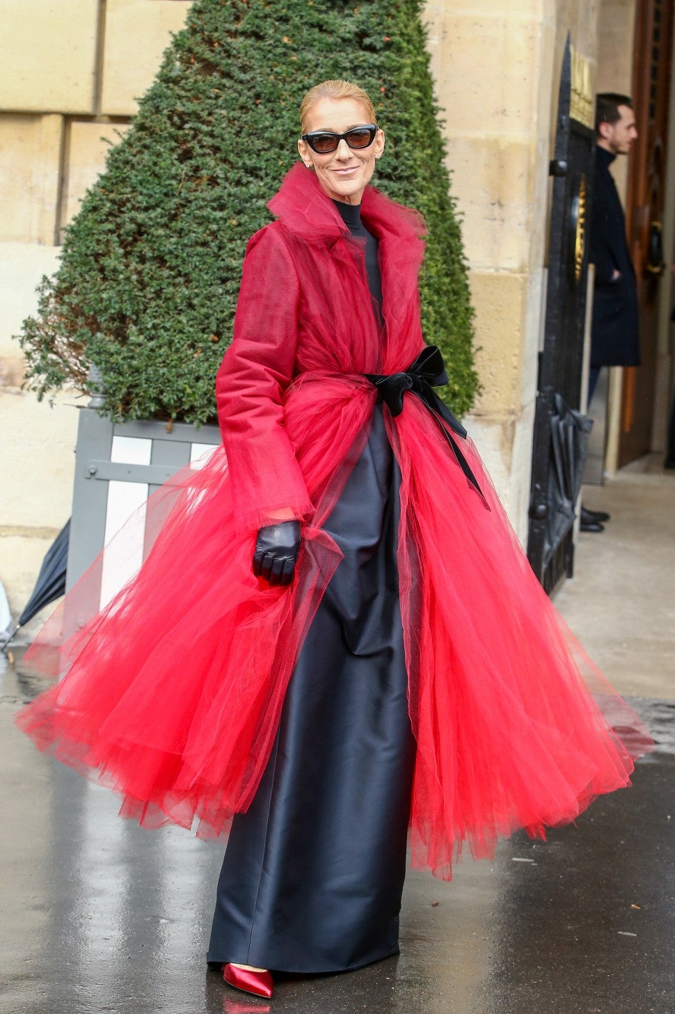 Celine Dion in red tulle coat in Paris