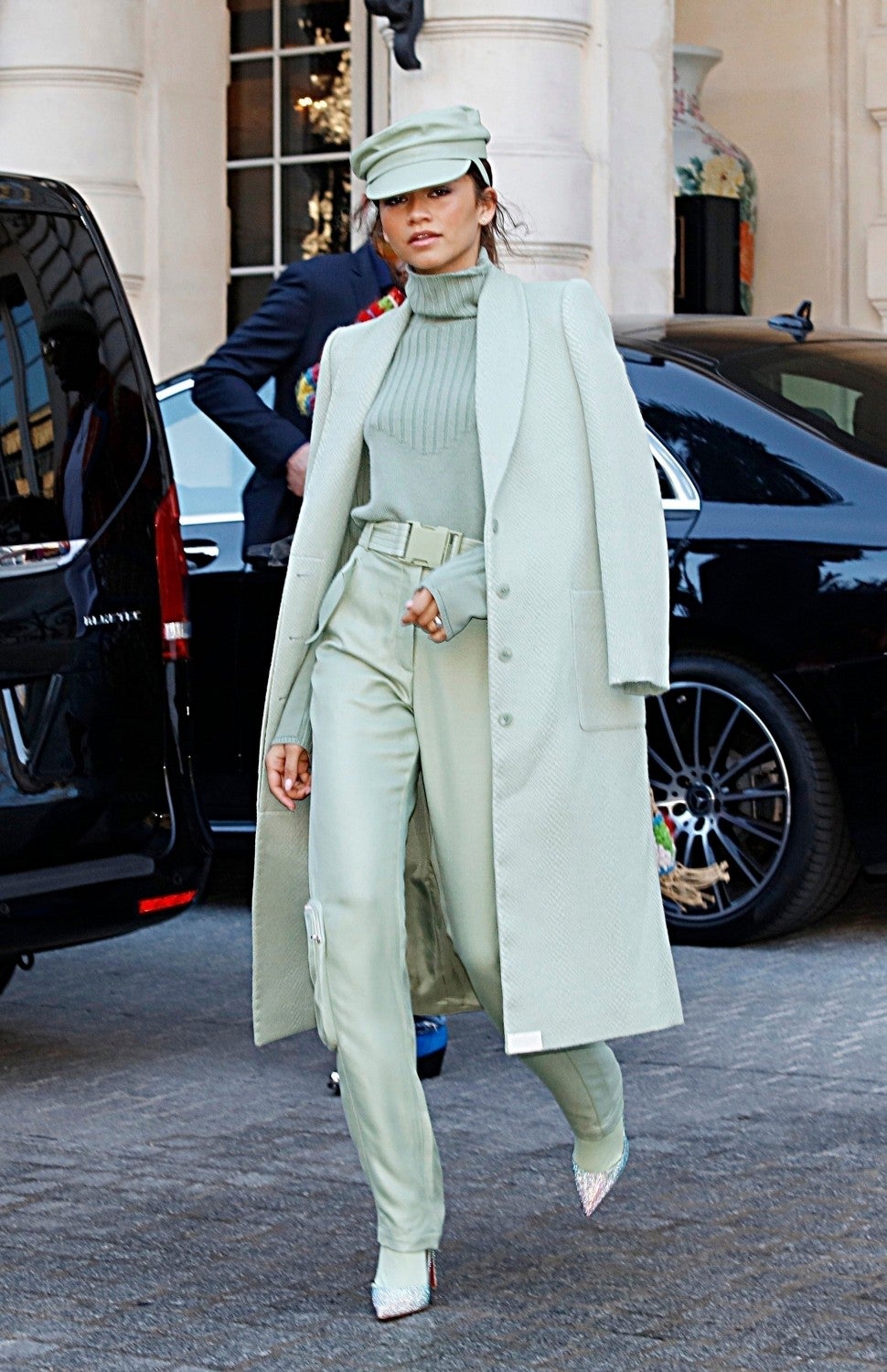 Zendaya in mint outfit at Paris Fashion Week