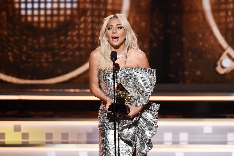 Lady Gaga at 2019 grammys accepting award