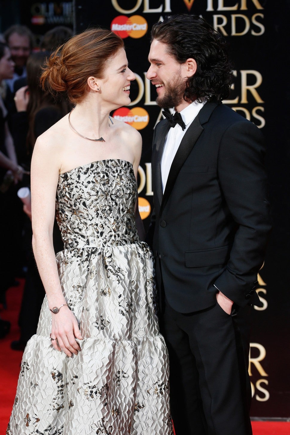 Rose Leslie and Kit Harington attend The Olivier Awards with Mastercard at The Royal Opera House on April 3, 2016 in London, England.