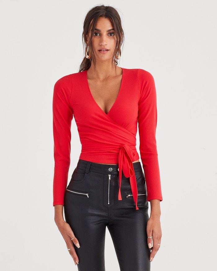 7 For All Mankind red wrap top
