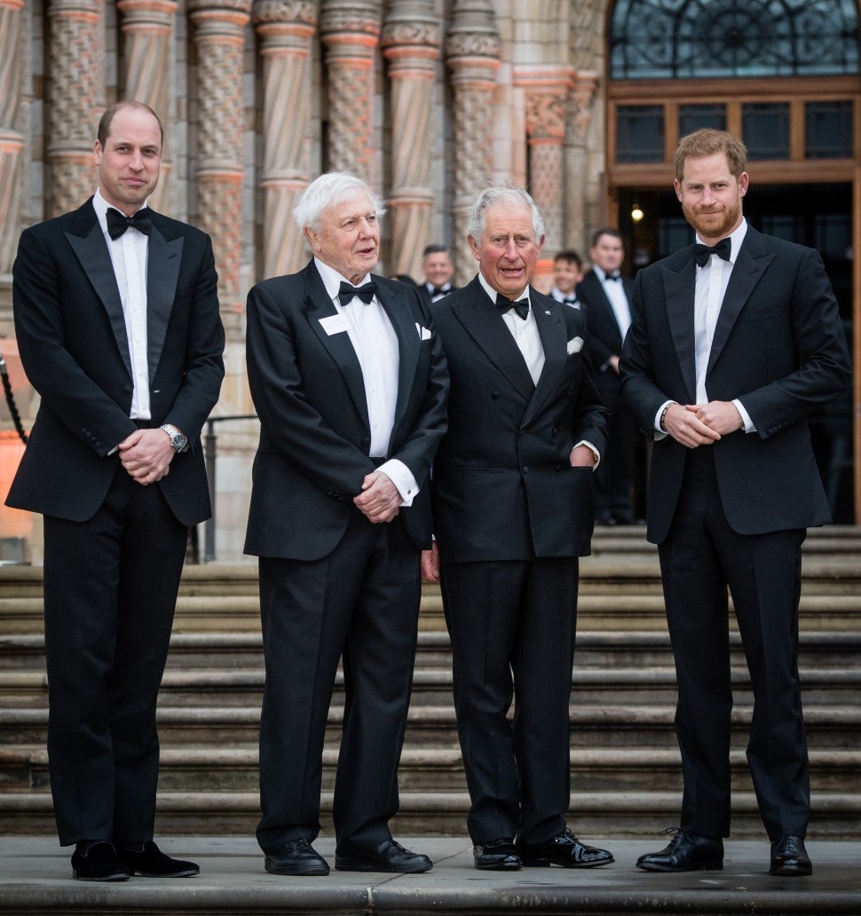 Prince William, Duke of Cambridge, Sir David Attenborough, Prince Charles, Prince of Wales and Prince Harry, Duke of Sussex attend the 'Our Planet' global premiere at Natural History Museum on April 04, 2019 in London, England.