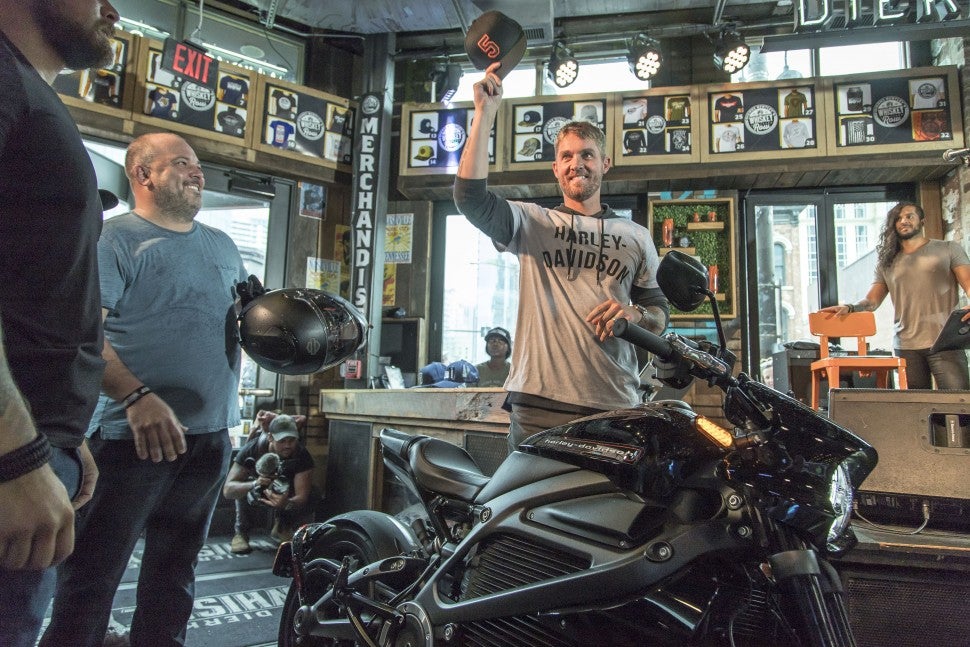 Brett Young greeted fans on a Harley-Davidson LiveWire ahead of his private set at Whiskey Row