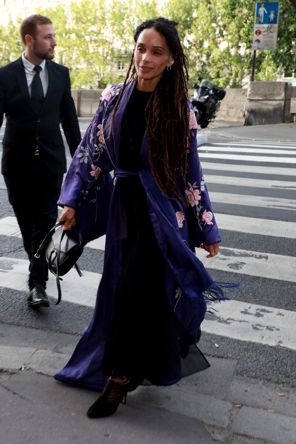 Lisa Bonet arrives at at 'La Perouse' restaurant where a dinner is given to celebrate Zoe Kravitz and Karl Glusman's wedding on June 28, 2019 in Paris, France.
