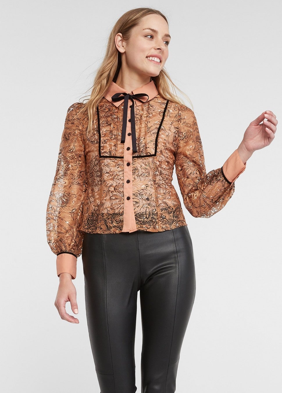 Honey Punch Tie Neck Lace Button Up Top