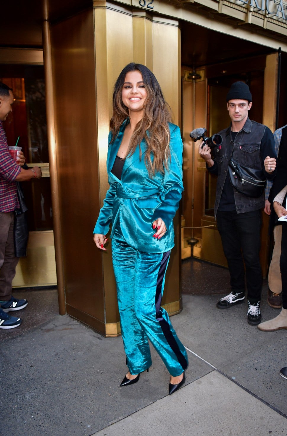 Selena Gomez blue velvet suit in NYC