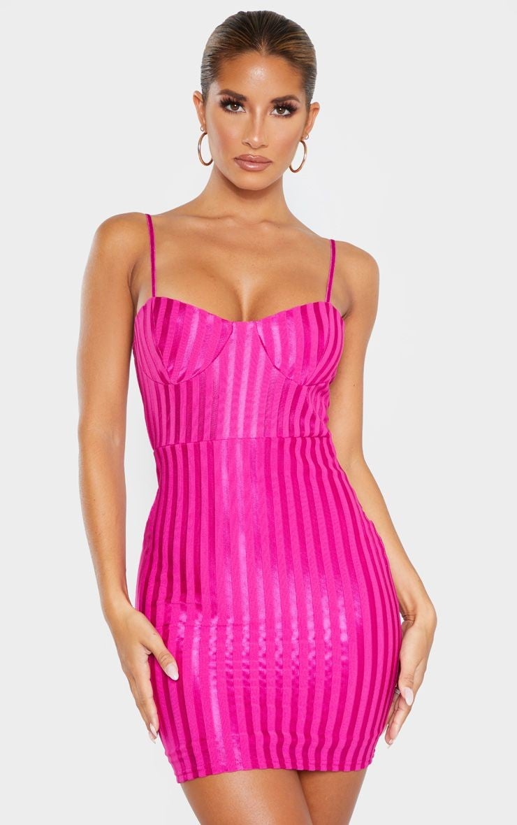 PrettyLittleThing Magenta Strappy Cup Detail Striped Dress