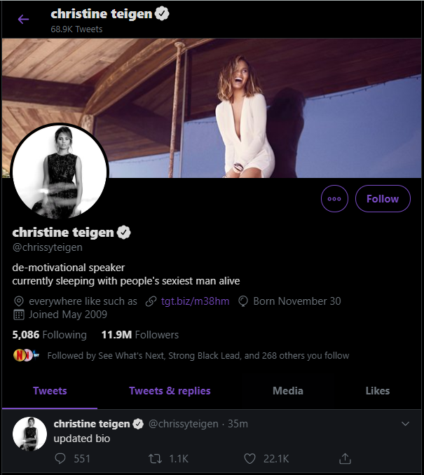 Chrissy Teigen Twitter Bio
