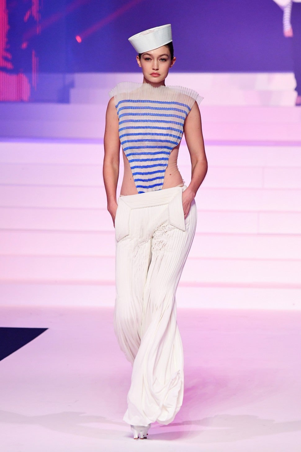 Gigi Hadid walking in Jean-Paul Gaultier Haute Couture Spring/Summer 2020 show