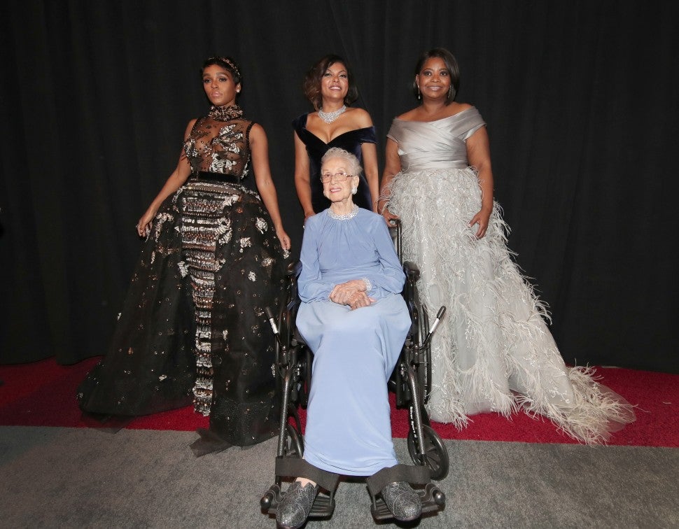 Janelle Monae, NASA mathematician Katherine Johnson and actors Taraji P. Henson and Octavia Spencer pose backstage during the 89th Annual Academy Awards at Hollywood & Highland Center on February 26, 2017.