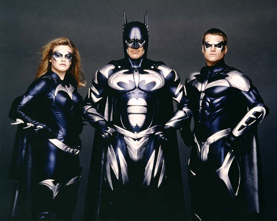 Alicia Silverstone, George Clooney and Chris O'Donnell on the set of 'Batman & Robin,' directed by Joel Schumacher. 