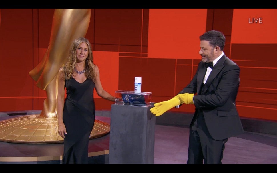 Jennifer Aniston and Jimmy Kimmel Emmys stage