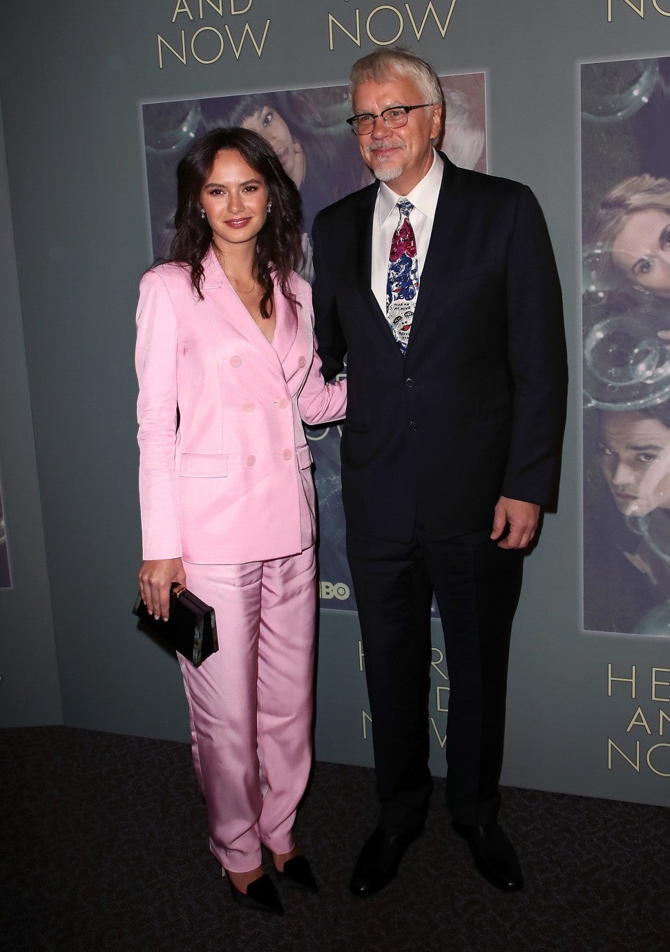 Gratiela Brancusi (L) and actor Tim Robbins attend the premiere of HBO's "Here and Now" at the Directors Guild of America on February 5, 2018 in Los Angeles, California. 