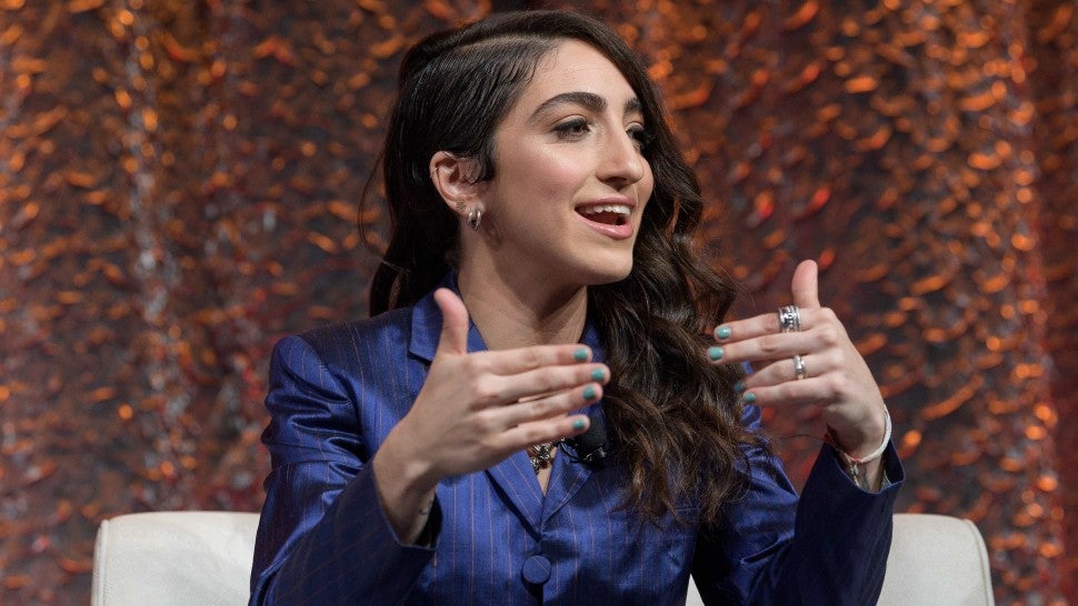 Emily Estefan speaks on stage during NATPE Miami 2020 - Facebook with Gloria, Emily and Lili Estefan at Fontainebleau Hotel on January 22, 2020 in Miami Beach, Florida. 