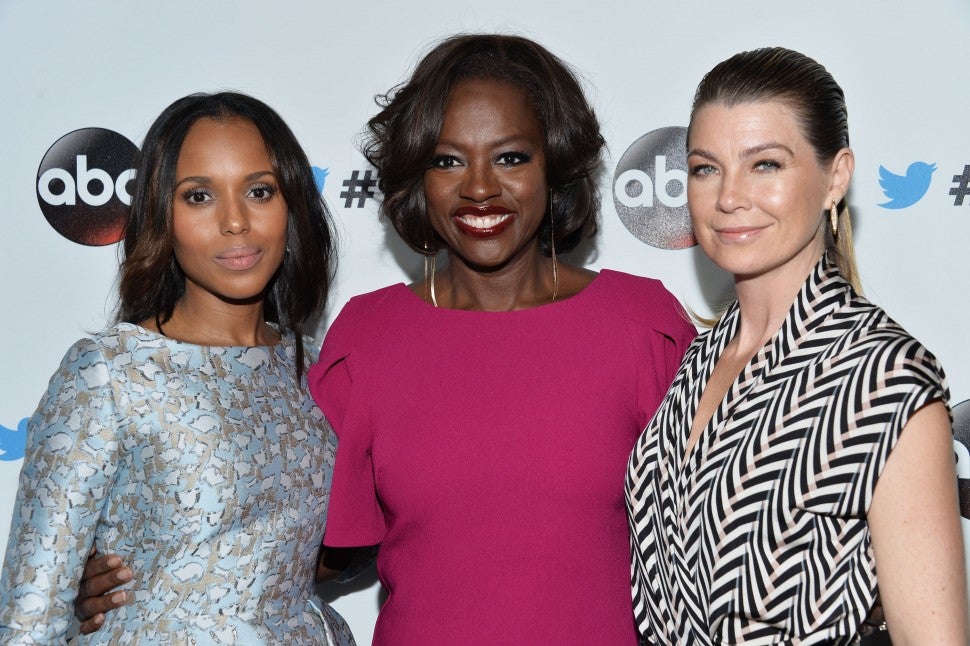Actresses Kerry Washington, Viola Davis and Ellen Pompeo arrive at the #TGIT Premiere Event hosted by Twitter at Palihouse Holloway on September 20, 2014 in West Hollywood, California.
