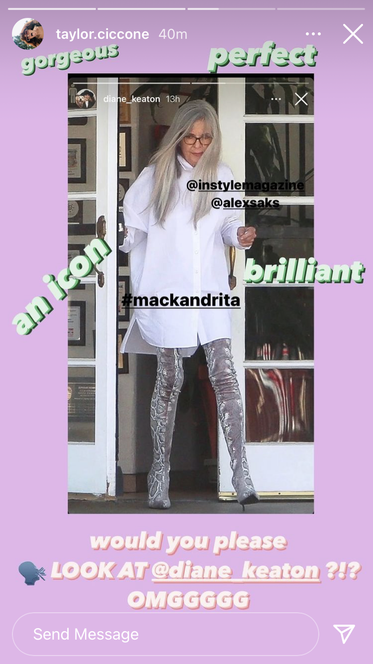 Diane Keaton Wearing Snakeskin Boots and a White Button-Down Is All You
