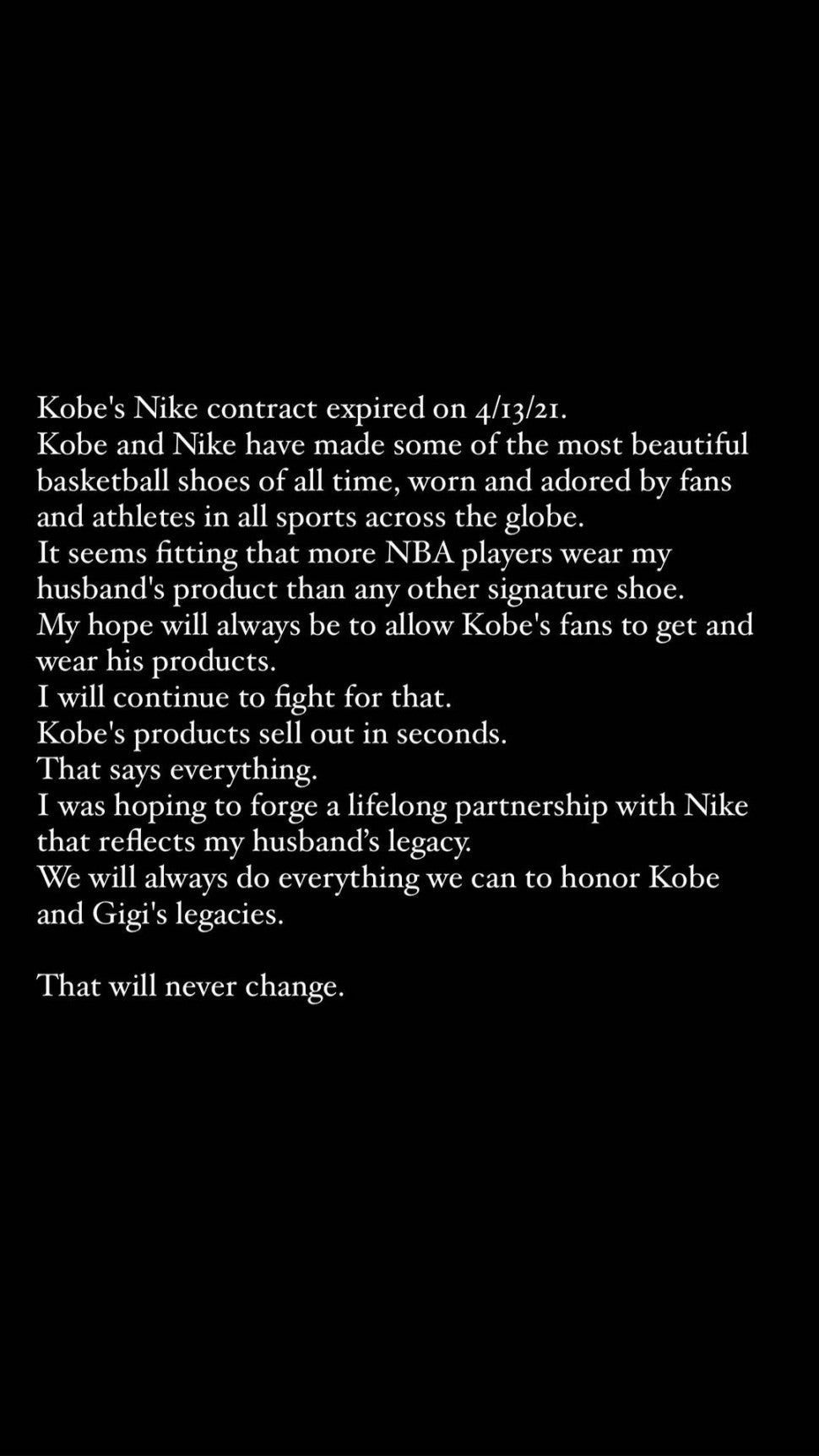 Vanessa Bryant's statement on Kobe Bryant and Nike partnership ending