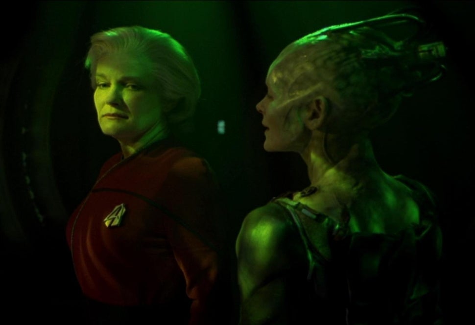 The Borg Queen (Alice Krige) interrogates Admiral Janeway.
