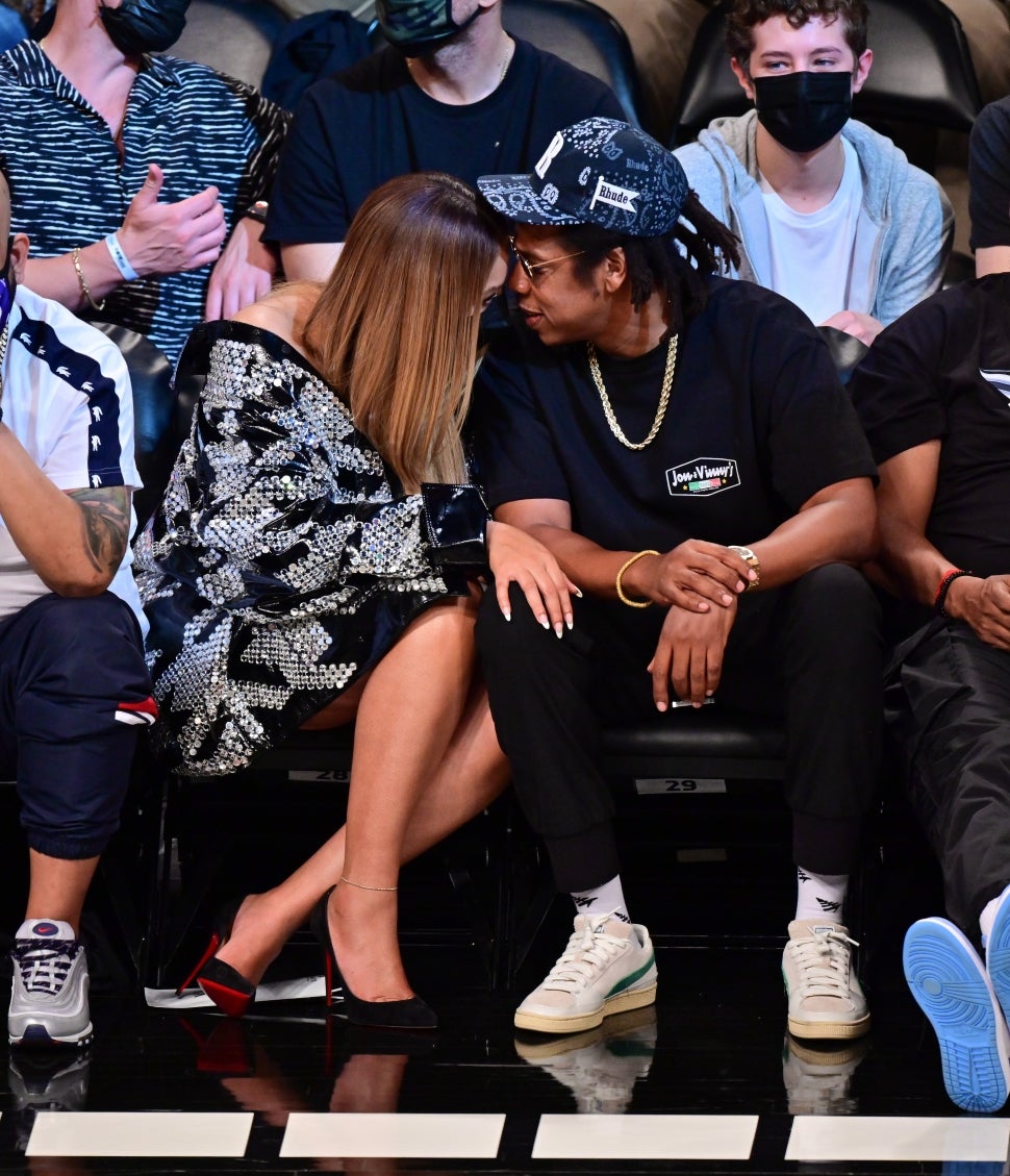 Beyonce and Jay-Z attend Brooklyn Nets v Milwaukee Bucks game at Barclays Center of Brooklyn on June 05, 2021 in New York City