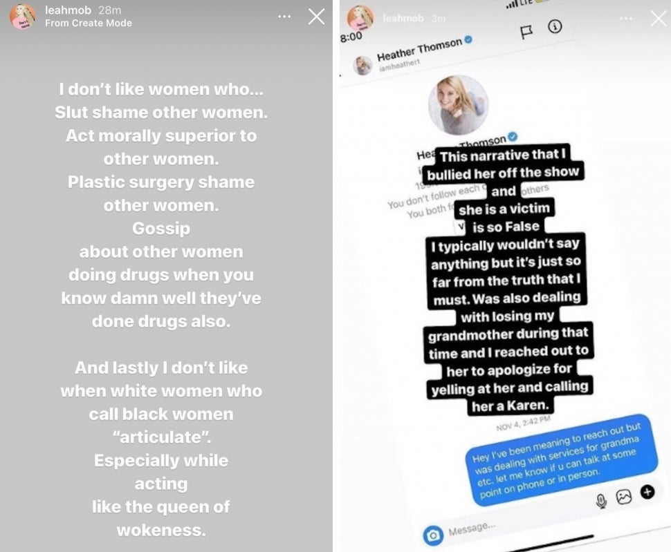 Two of Leah McSweeney's Instagram posts about her feud with Heather Thomson on RHONY
