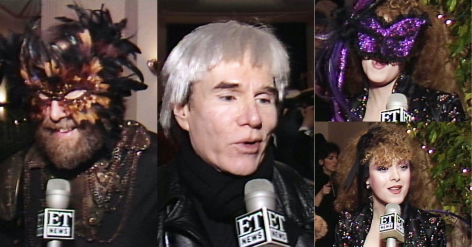 Jim Henson, Andy Warhol and Bernadette Peters at Jim Henson's masquerade ball.