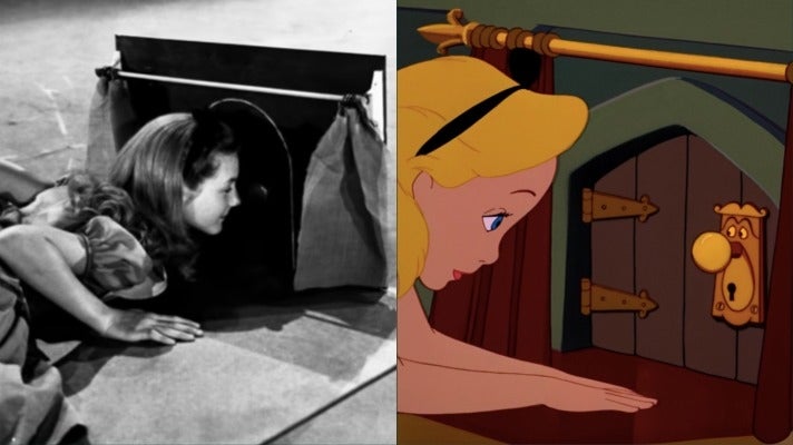 Side by side photos of Beaumont performing as Alice (left) and the animated scene from the final movie (right).