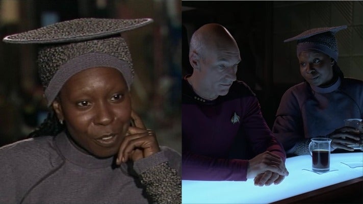 Left: Whoopi Goldberg behind the scenes. Right: Goldberg and Patrick Stewart in Star Trek: The Next Generation.
