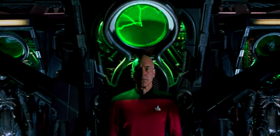 Patrick Stewart stand in his Borg alcove in 'Star Trek: First Contact.'