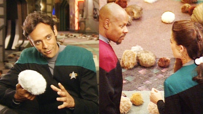(Left) Alexander Siddig on set. (Right) Avery Brooks and Terry Farrell on set.