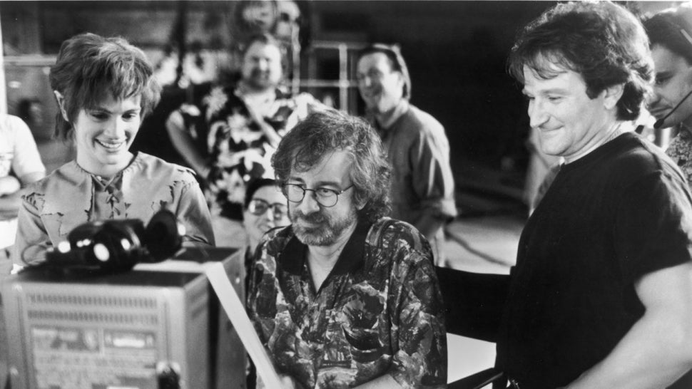 Julie Roberts, Steven Spielberg and Robin Williams watch dailies on the set of 'Hook.'
