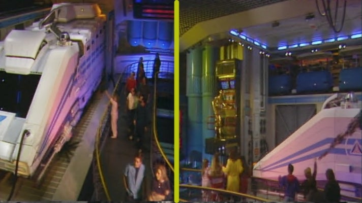Two images of the ride queue for Star Tours.