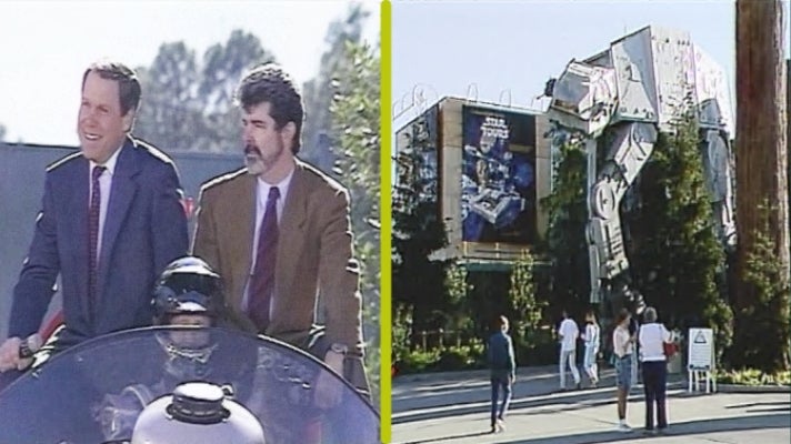 Left: Michael Eisner and George Lucas. Right: the exterior of Star Tours at Disney World.