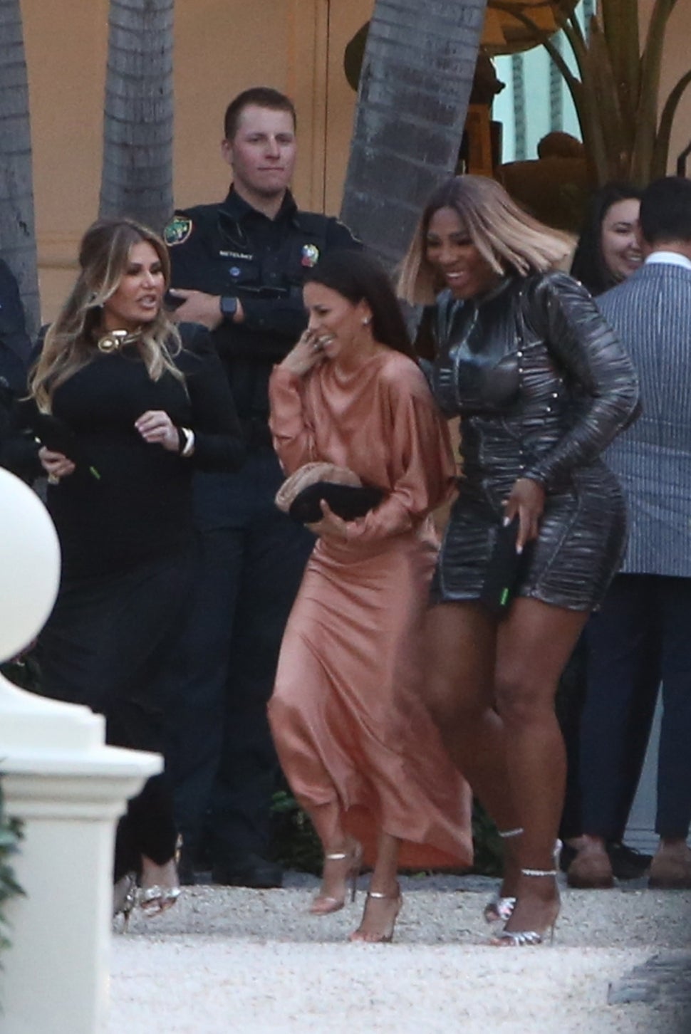 Eva Longoria and Serena Williams arrive at a pre-wedding dinner in honor of Brooklyn Beckham and his bride-to-be, Nicola Peltz. 