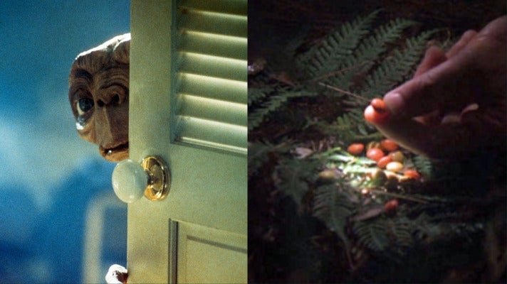 Left: 'E.T.' promotional image. Right: Reese's Pieces in 'E.T.'