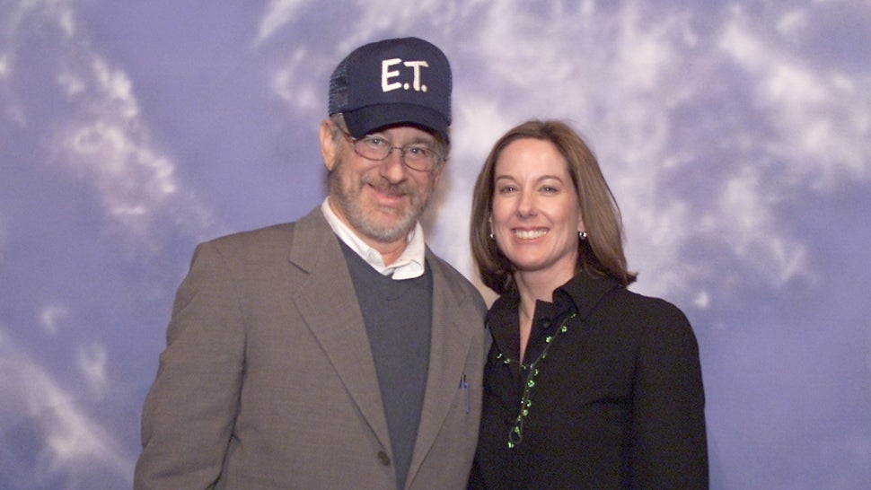 Steven Spielberg and Kathleen Kennedy pose together while celebrating 'E.T.'s 20th anniversary in 2002.