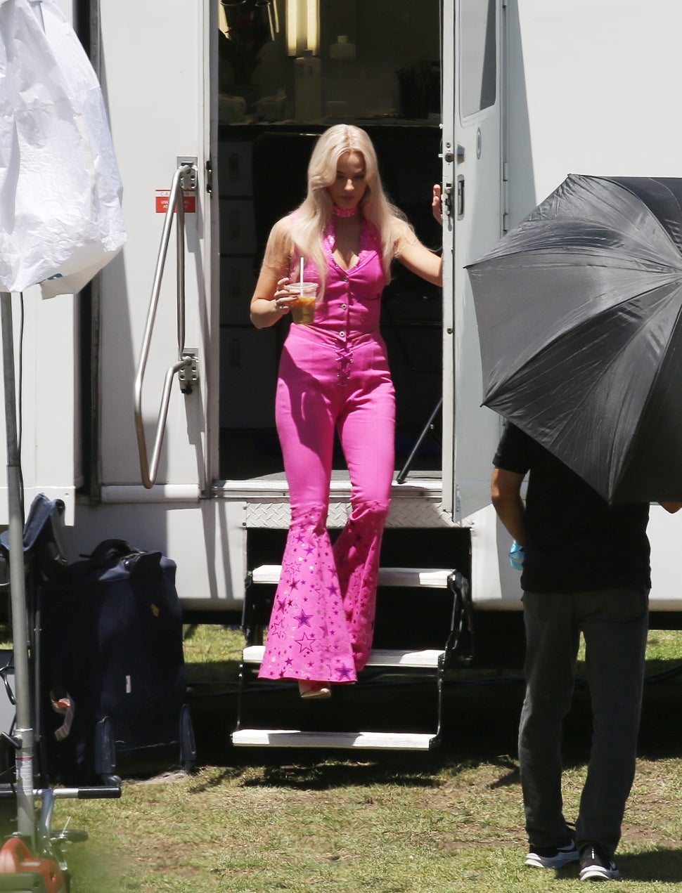 Margot Robbie on set during the Barbie movie