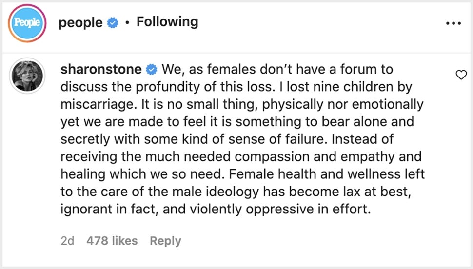 Sharon Stone Instagram comment