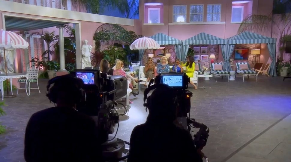 The cast of The Real Housewives of Beverly Hills films the season 12 reunion on a set recreating the Beverly Hills Hotel