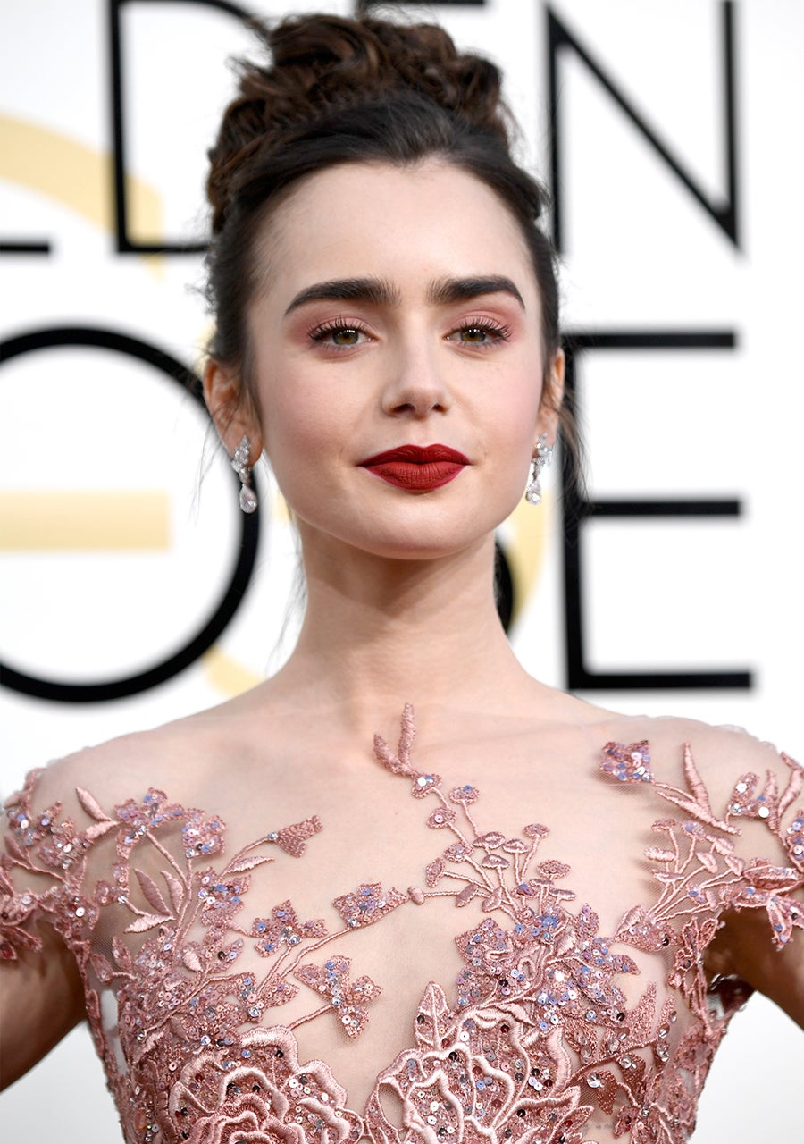 Lily Collins Shuts Down the Golden Globes Red Carpet in Stunning Gown --  See the Gorgeous Pics | Entertainment Tonight