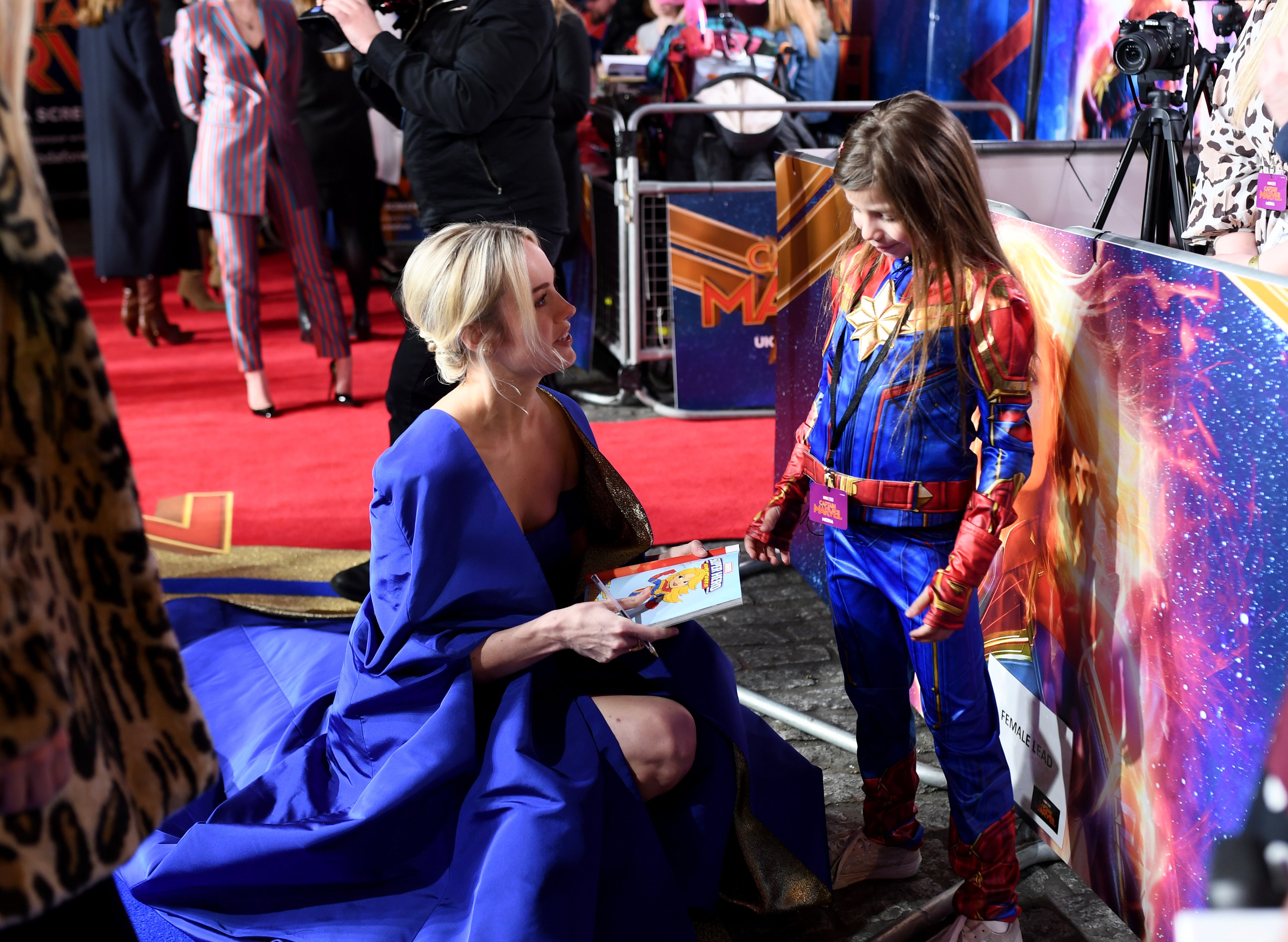 brie larson blue dress captain marvel Brie Larson Wears Her Best Gown Yet at 'Captain Marvel' London Premiere