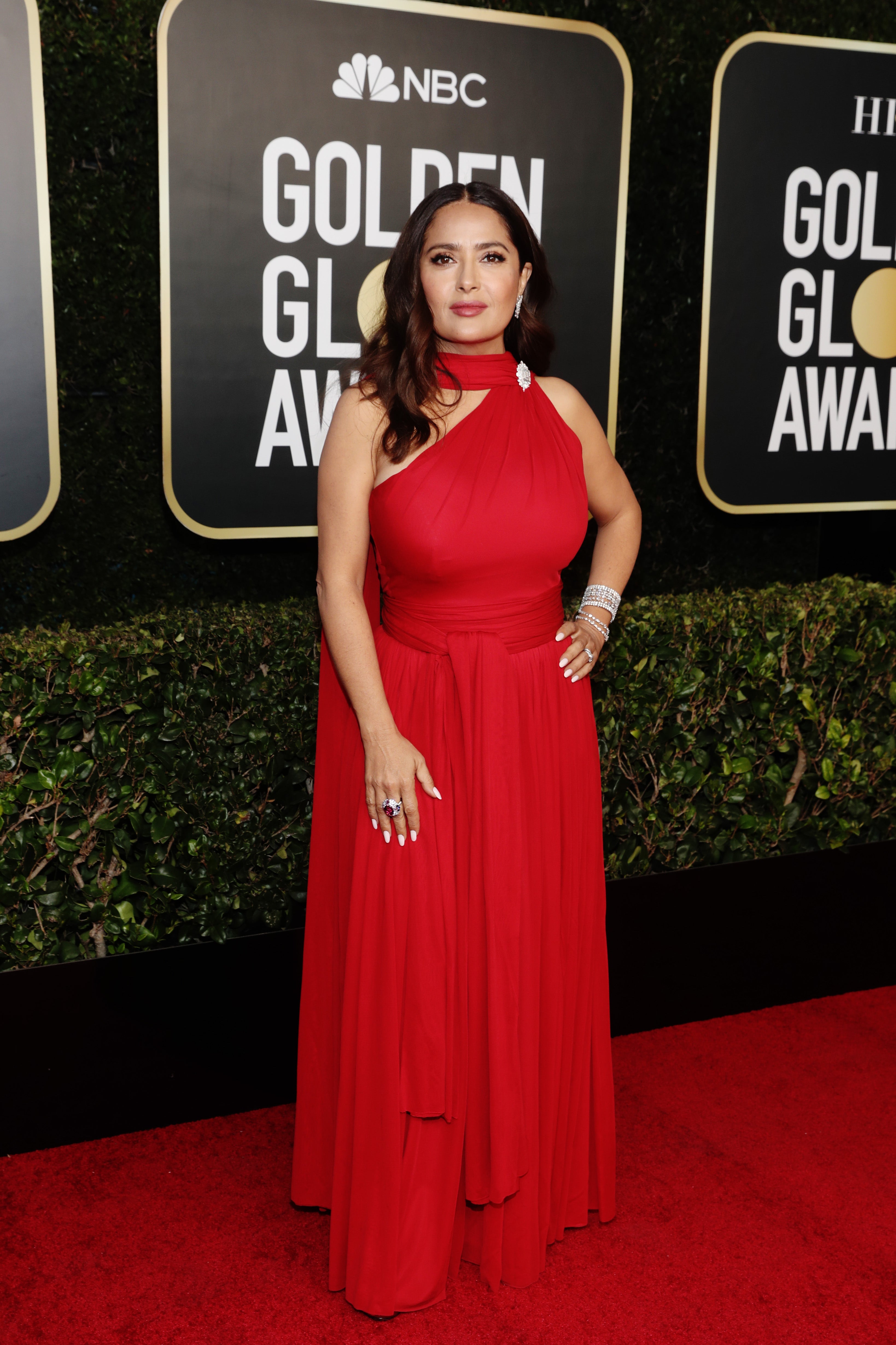 salma hayek golden globe dress Salma Hayek Steps Out in Stunning Bright Red Gown at 2021 Golden Globe  Awards