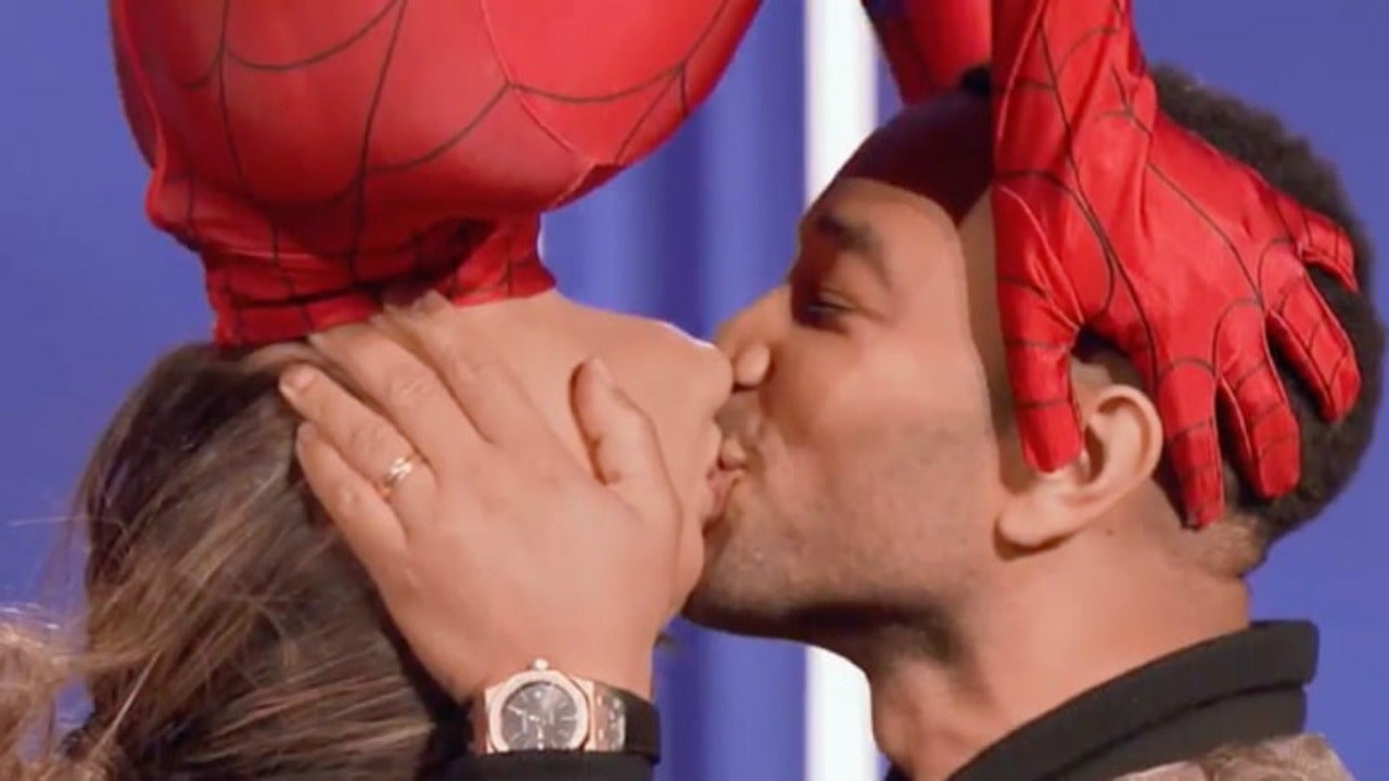 Chrissy Teigen And John Legend Adorably Reenact Spider Man Kiss On Lip Sync Battle Watch Entertainment Tonight